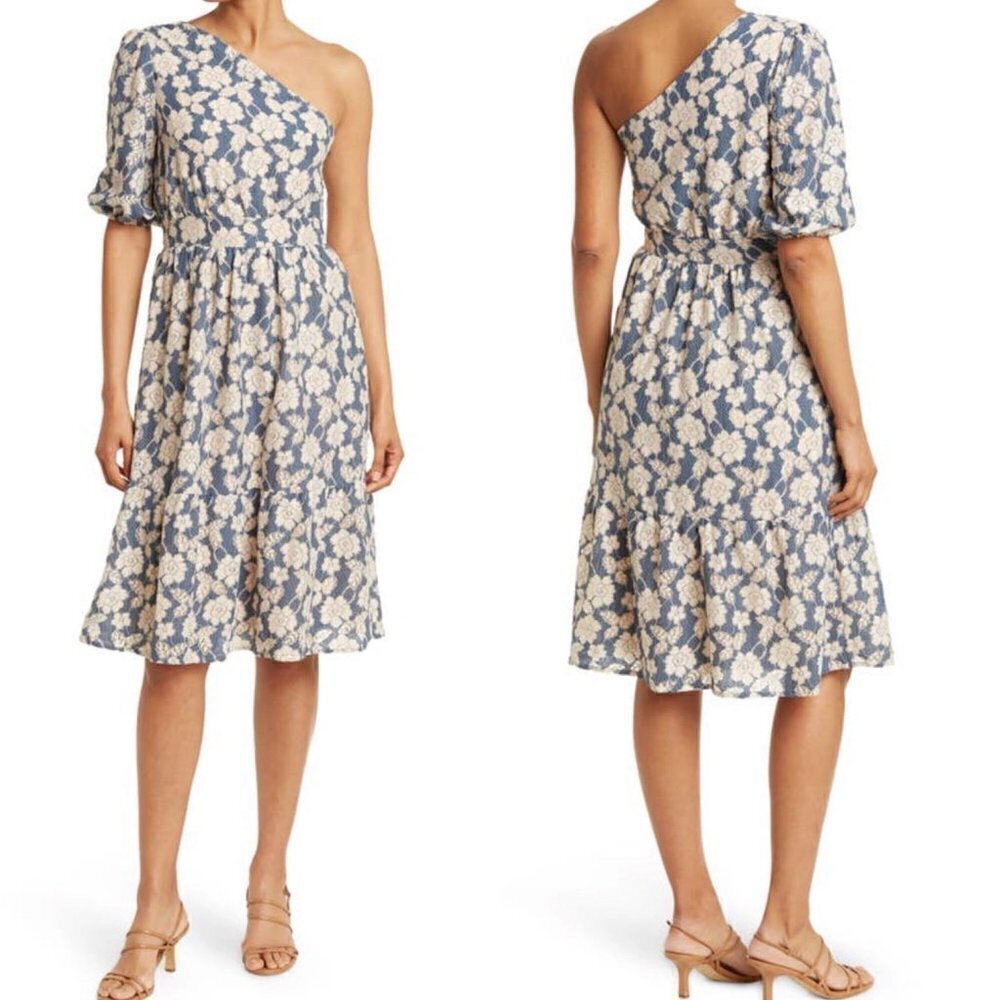 NSR Womens NWT NSR Blue Navy Cream Floral One Shoulder Lace Midi Dress Size XL
